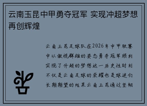 云南玉昆中甲勇夺冠军 实现冲超梦想再创辉煌